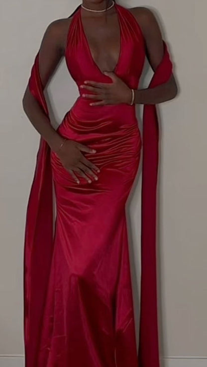 Red sexy elegant mermaid V neck long satin prom dress evening gown party dress gh2997