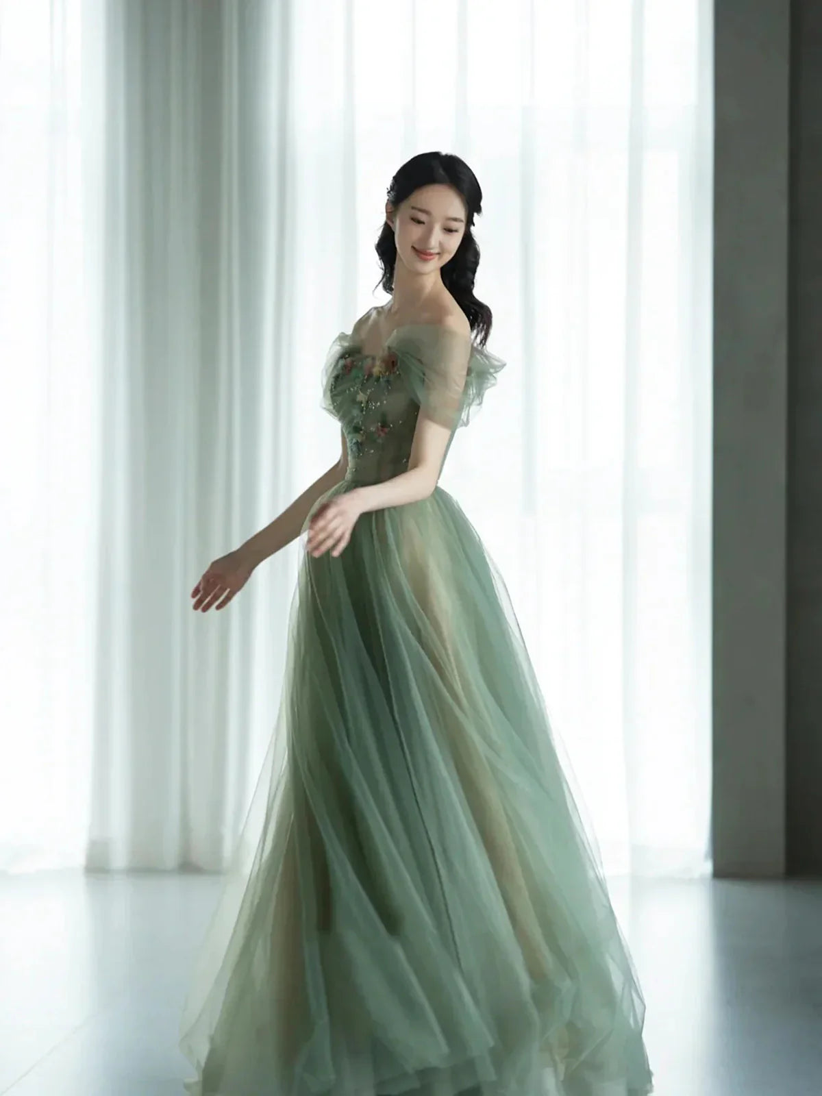 Green beautiful charming floral applique tulle long formal prom dress,evening dress,party dress gh2422