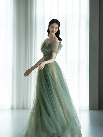 Green beautiful charming floral applique tulle long formal prom dress, evening dress, party dress gh2530