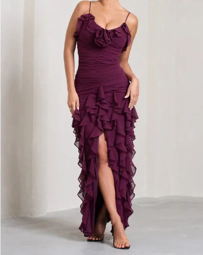 Spaghetti Straps Chiffon Prom Dress, Burgundy Evening Party Dress      fg5153