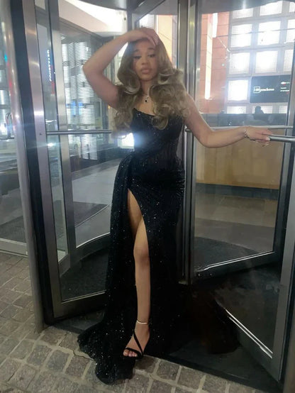 Black long prom dress with Slit ,strapless evening dress        fg6766