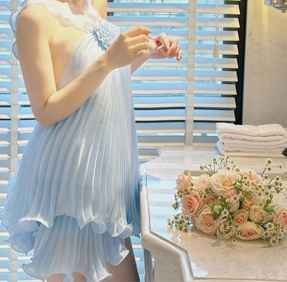 Cute A Line Halter Baby Blue Pleated Chiffon Short Homecoming Dress Birthday Dress SH2861