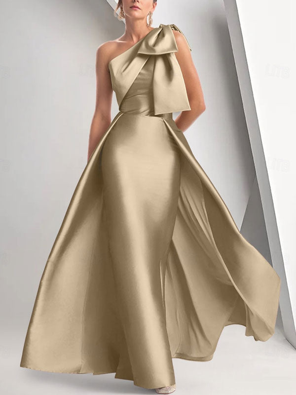 One Shoulder Guest Ribbon Bow Evening Dress