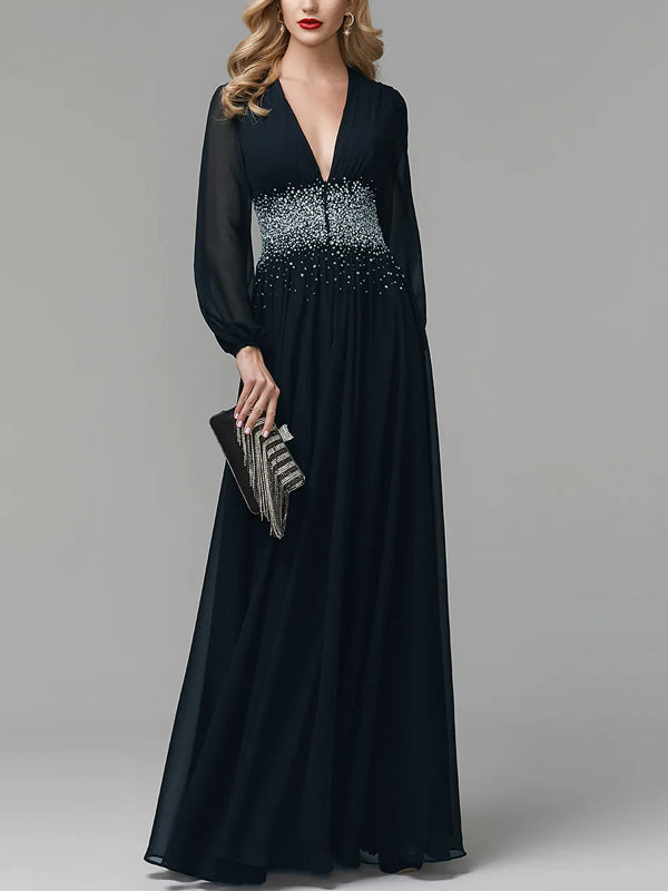 V-neck Chiffon Long Sleeve Solid Color Maxi Dress