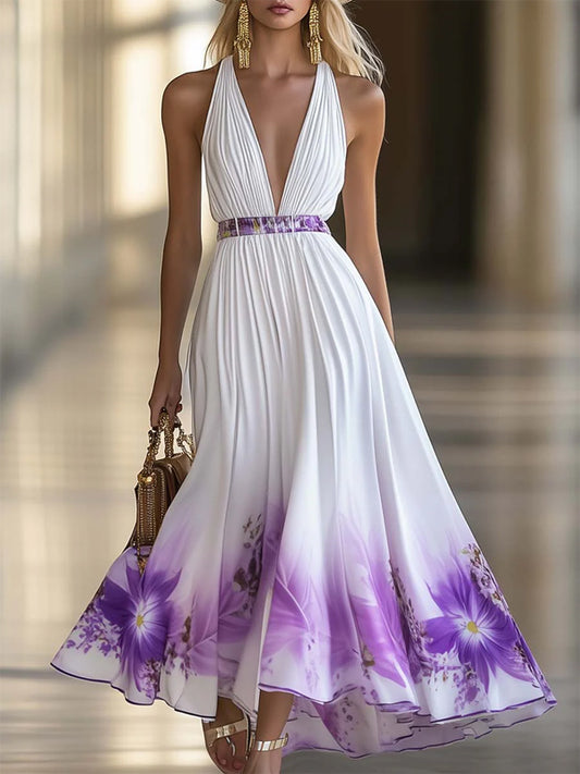 V-neck Purple Floral Print Loose Hem Maxi Dress