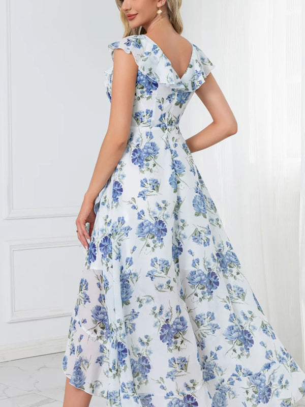 Ruffle Floral Print V-Neck A-line Chiffon Asymmetrical Midi Dress