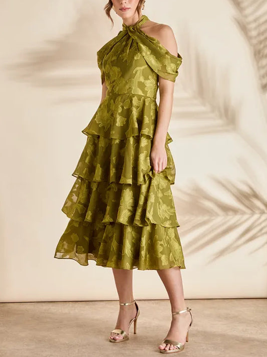 Cold Shoulder Chiffon Halter Midaxi Dress