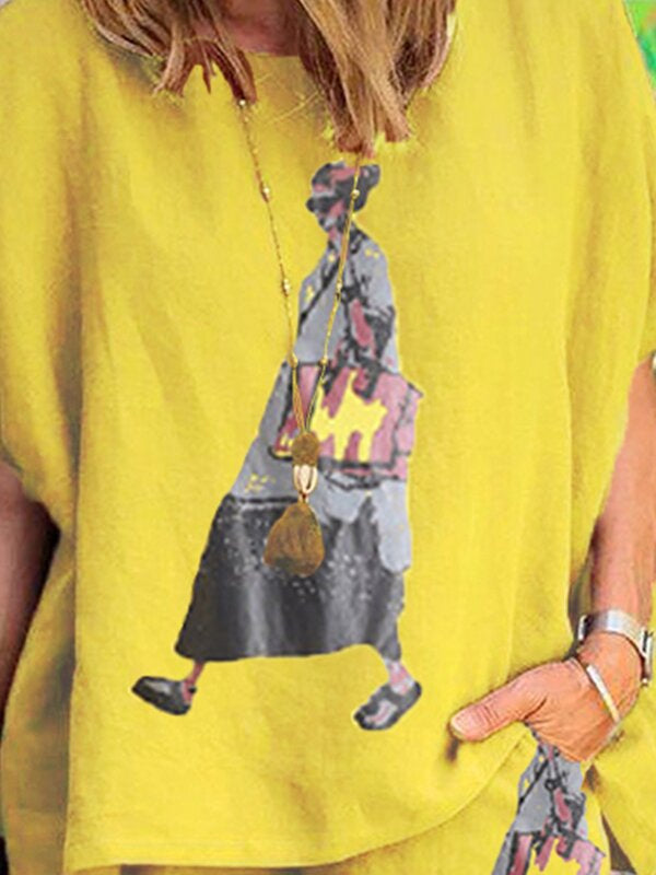 Printed Short Sleeve Cotton Linen Women's Suit