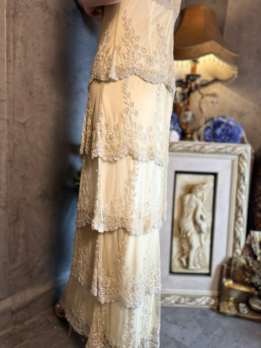 Ivory romantic beautiful gentle vintage long lace beaded layered cake ball dress evening dress party dress gh4795