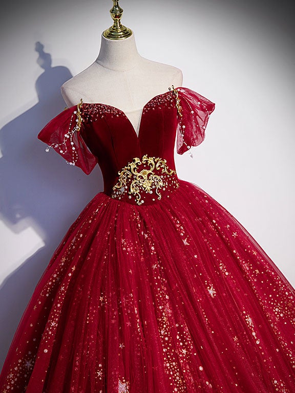 Burgundy tulle sequin long prom dress, burgundy tulle formal dress