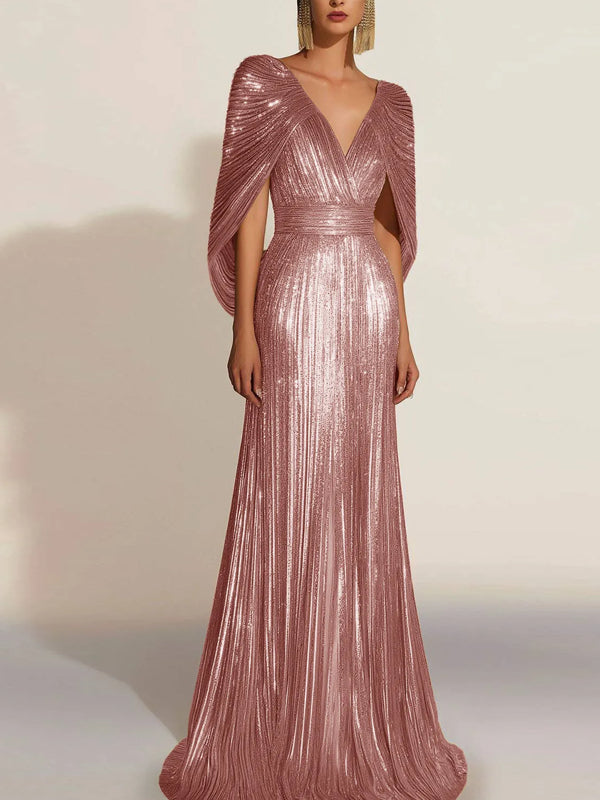 Formal Evening Fringe Dress Gold Cape V-neck Floor-length Gown
