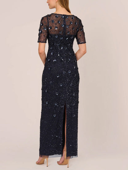 Round Neck Sequined Mesh Solid Color Maxi Dress