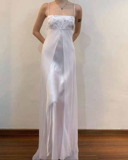 White Beautiful Elegant Delicate Floral Spaghetti Strap Long Satin Tulle Ball Gown Evening Gown Party Dress Prom Gown gh3899