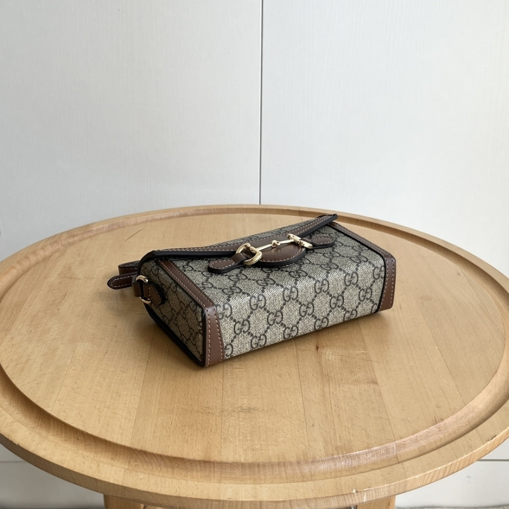 GUCCI HORSEBIT 1955 MINI BAG ‎BEIGE AND DARK BROWN GG SUPREME 18CM ‎699296 92TCG 8563