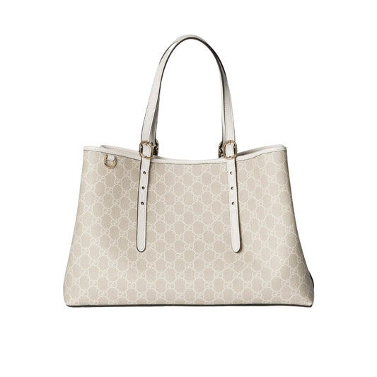 GUCCI GG EMBLEM LARGE TOTE BAG BEIGE AND WHITE COATED FABRIC 38CM 815213 FAD6L 9641