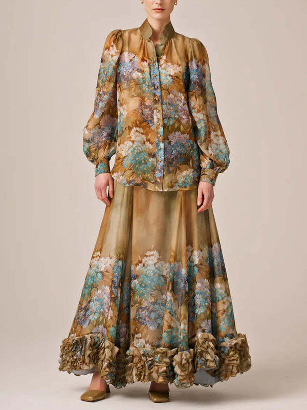 Organza Temperament Print Comfortable Women's Skirt Suit