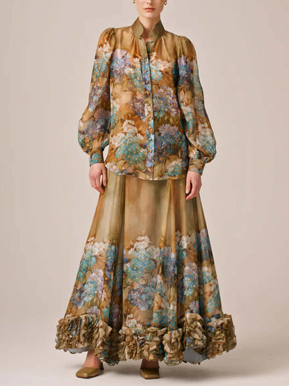 Organza Temperament Print Comfortable Women's Skirt Suit