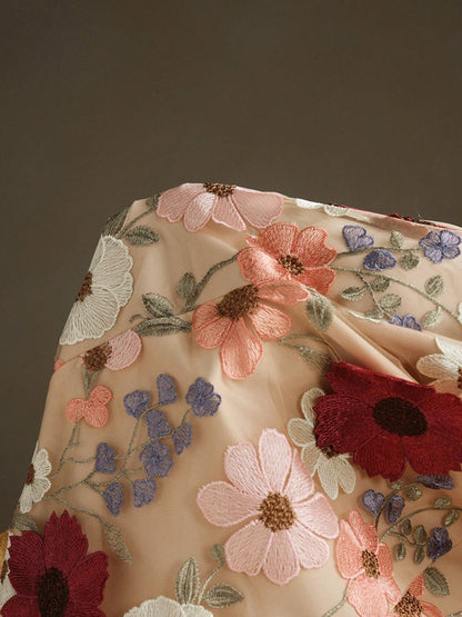 Women Elegant Mesh Flower Embroidery Long Dress