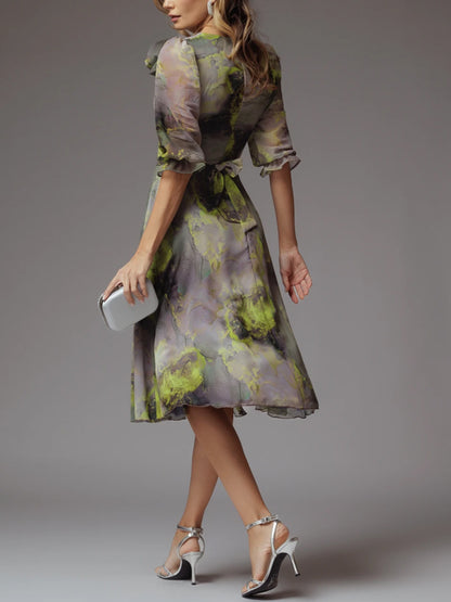 V-neck Chiffon Print Midi Dress