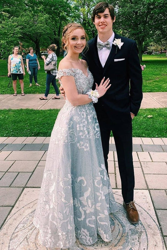 Long Lace Prom Dress Beaded Applique Evening Dresses,Party Gown