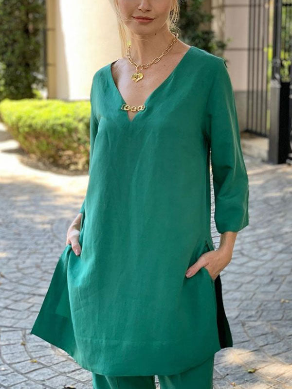 V-neck Cotton Linen Ladies Suit