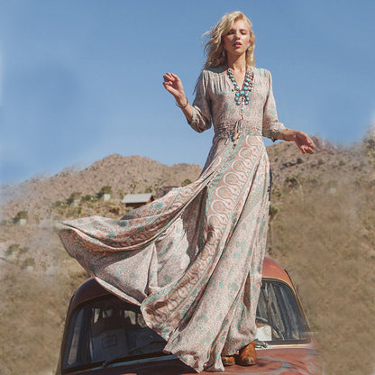 loveedsTM-Women's Bohemian Maxi Dress Chiffon Swing Slit Mid Sleeve Beach Holiday Dress