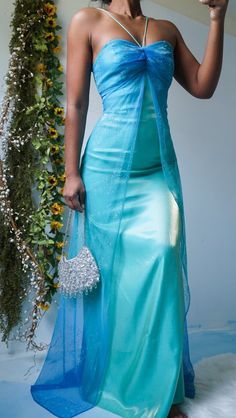 Vintage A Line Halter Blue Chiffon Satin Long Prom Dress Graduation Prom Dress SH2621