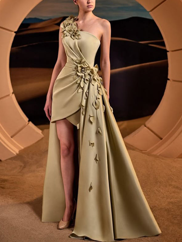 Three-dimensional Flower One-shoulder Solid Color Maxi Dress