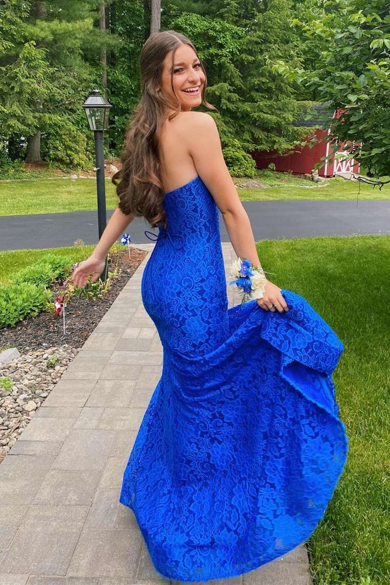 Mermaid Strapless Royal Blue Lace Satin Prom Dress with Slit SH1664