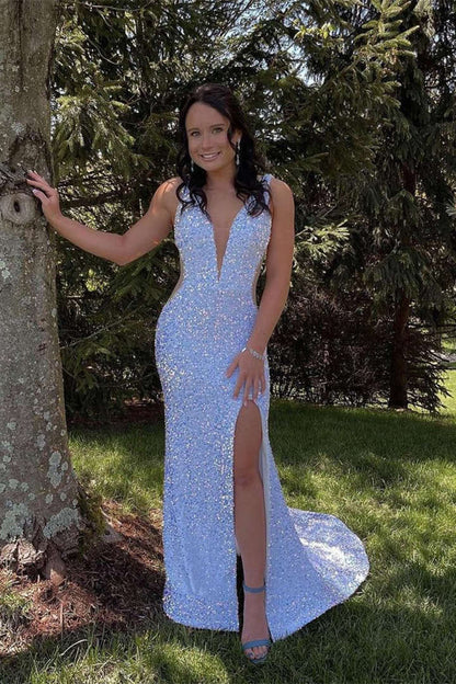 Glitter V-Neck Sequins Mermaid Prom Dress, Backless White Sparkly Evening Gowns Long