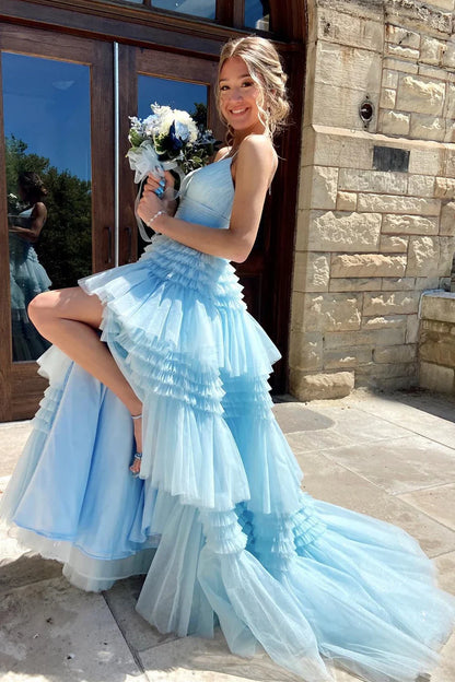 Sexy A Line V-neck Black Tulle Multi-Tiered Long Prom Dress SH1649