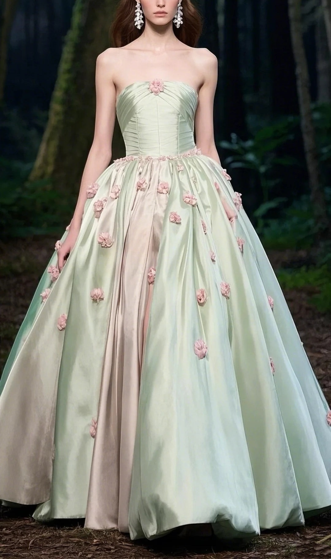 Green Pink Floral Satin Long Ball Gown Evening Dress gh4787