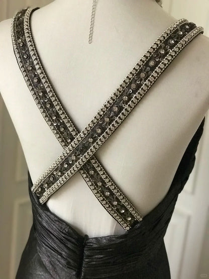 ___Black beaded mysterious and noble black swan vintag Downton Abbey deep V long satin ball gown evening dress gh4390