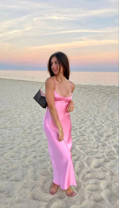 Simple Straps Sleeveless Party Dress Satin Pink Prom Dress      fg5332