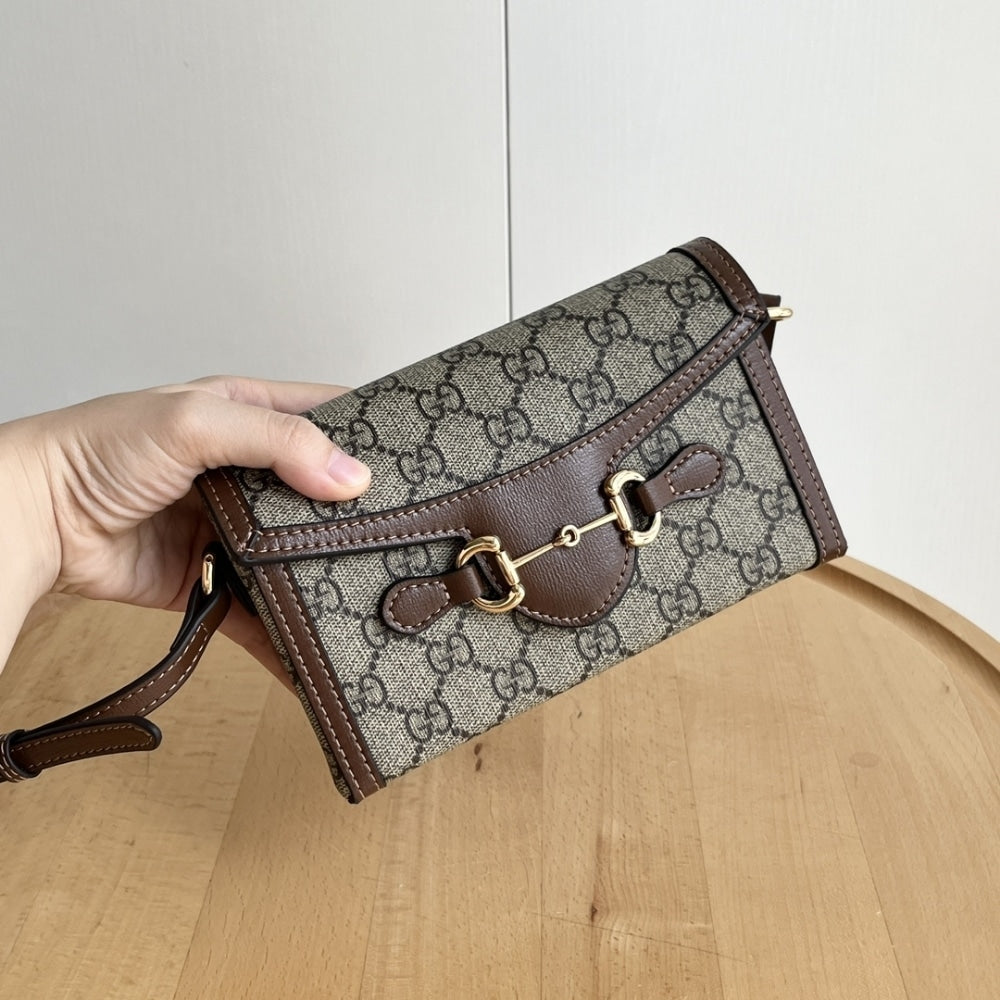 GUCCI HORSEBIT 1955 MINI BAG ‎BEIGE AND DARK BROWN GG SUPREME 18CM ‎699296 92TCG 8563