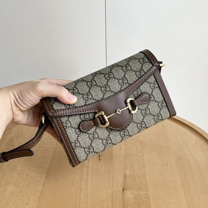 GUCCI HORSEBIT 1955 MINI BAG ‎BEIGE AND DARK BROWN GG SUPREME 18CM ‎699296 92TCG 8563