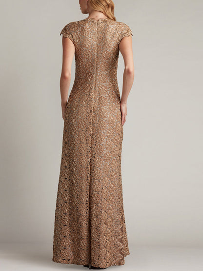 Round Neck Short Sleeve Lace Solid Color Maxi Dress