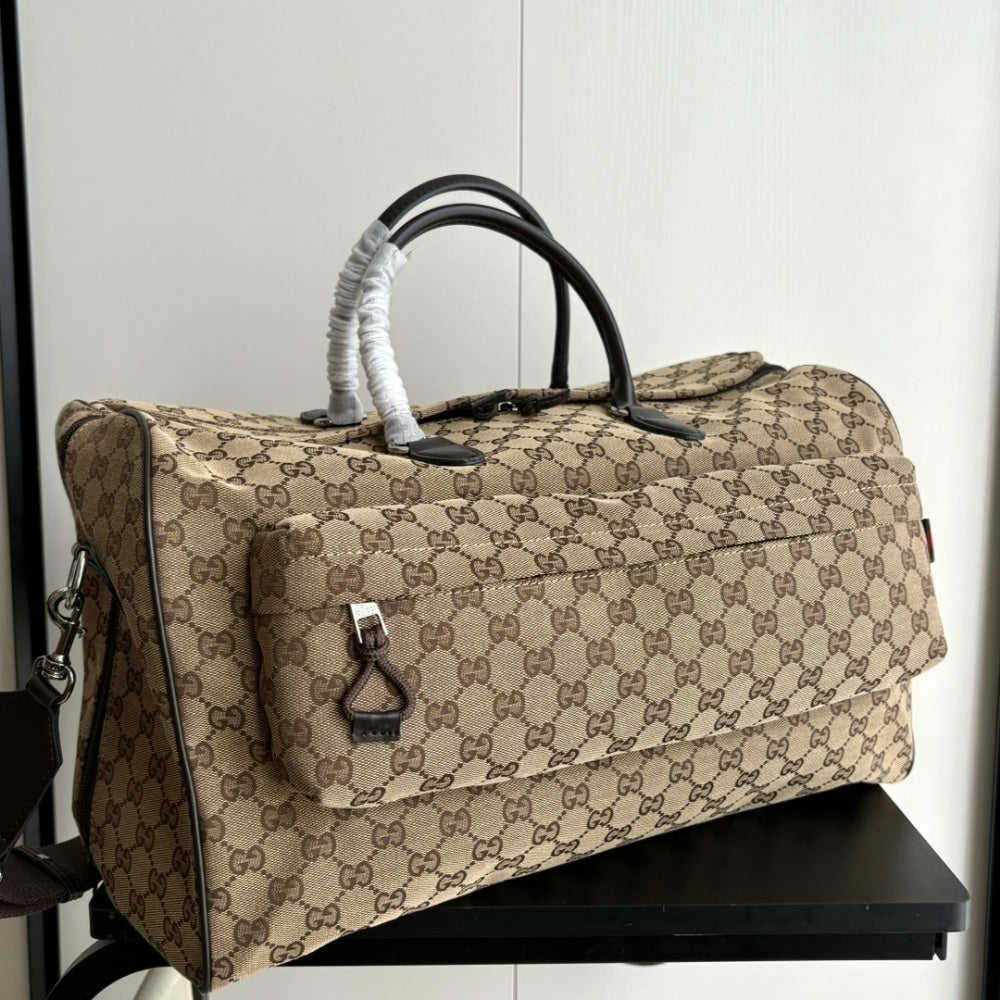GUCCI MEDIUM GG DUFFLE BAG BEIGE AND DARK BROWN 45CM ‎800185 FADUJ 9854
