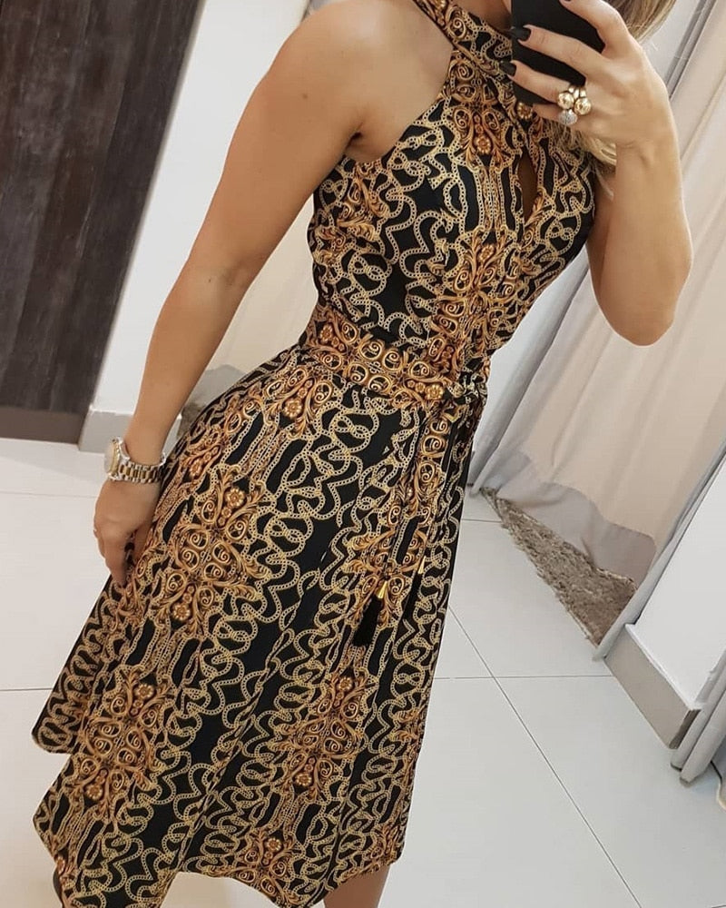 loveedsTM-Women Fashion Clubwear Elegant Sexy Dress Club  Sleeveless Baroque Print Sleeveless Midi Dress