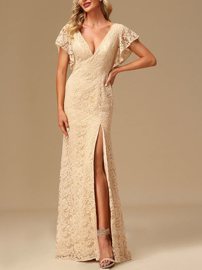 V-neck Lace Solid Color Maxi Dress