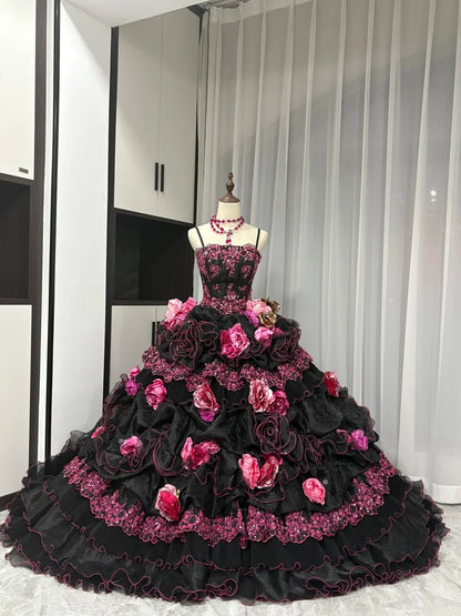 Black Pink Floral Maximalism Long Tulle Ball Gown 16th Birthday Dress Quinceanera Dress gh4739