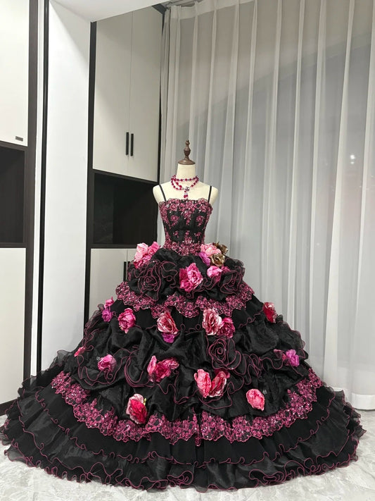 Black Pink Floral Maximalism Long Tulle Ball Gown 16th Birthday Dress Quinceanera Dress gh4739