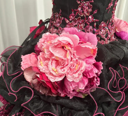 Black Pink Floral Maximalism Long Tulle Ball Gown 16th Birthday Dress Quinceanera Dress gh4739