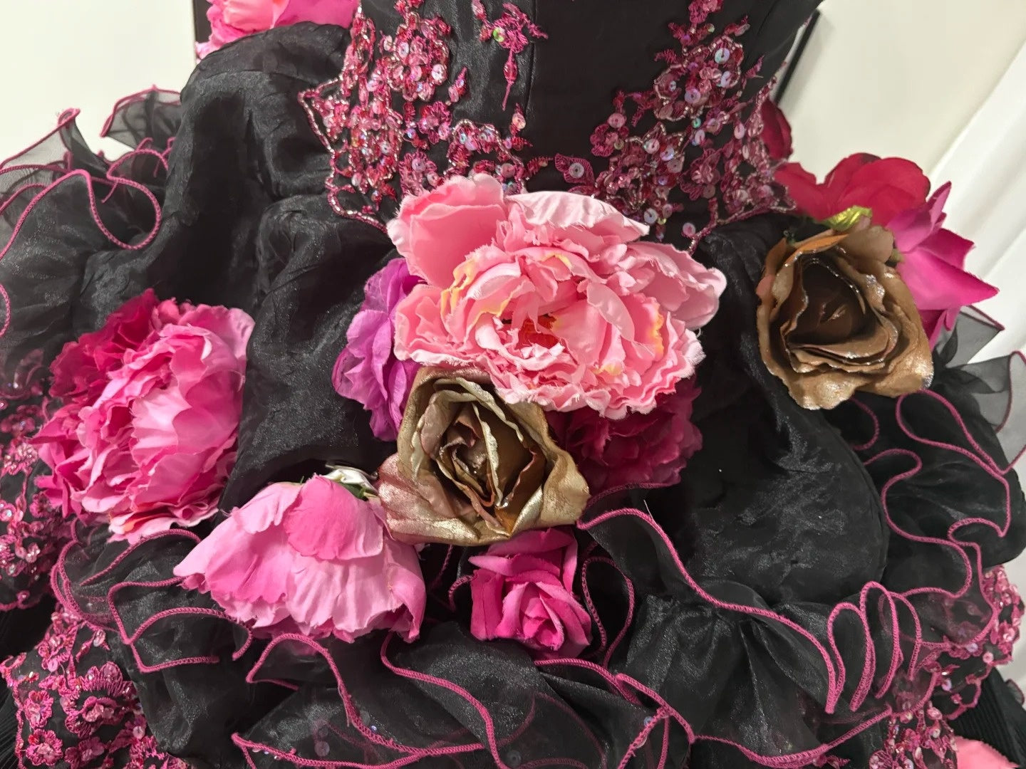 Black Pink Floral Maximalism Long Tulle Ball Gown 16th Birthday Dress Quinceanera Dress gh4739