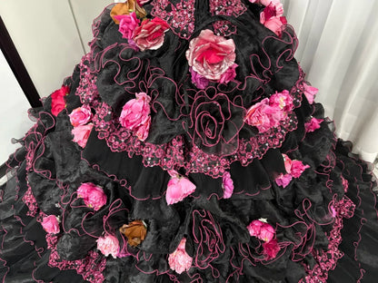 Black Pink Floral Maximalism Long Tulle Ball Gown 16th Birthday Dress Quinceanera Dress gh4739