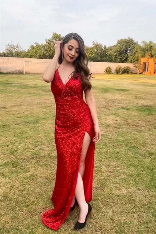 High Slit Blue Sequins Straps Mermaid Evening Gown,Ball Gowns Prom Dresses