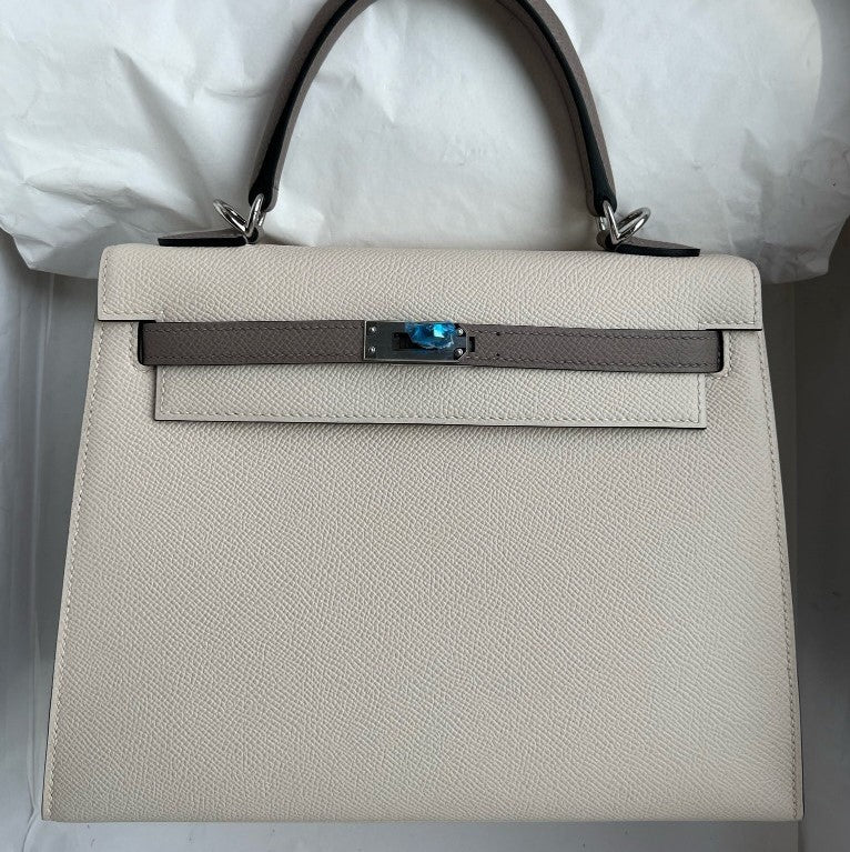 H KELLY EPSOM CK10 CREAMY WHITE & M8 GRIS ASPHALTE SILVER HARDWARE 25CM