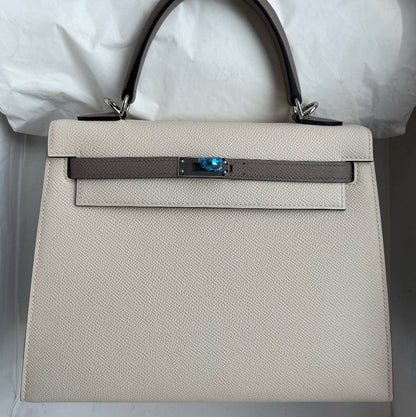 H KELLY EPSOM CK10 CREAMY WHITE & M8 GRIS ASPHALTE SILVER HARDWARE 25CM