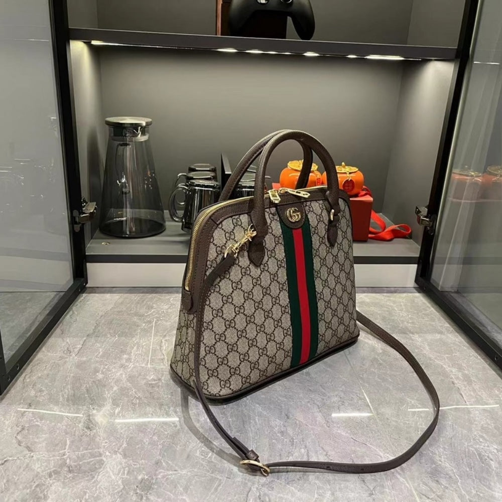 GUCCI OPHIDIA GG LOGO MEDIUM TOP HANDLE BAG BEIGE AND BROWN 34CM