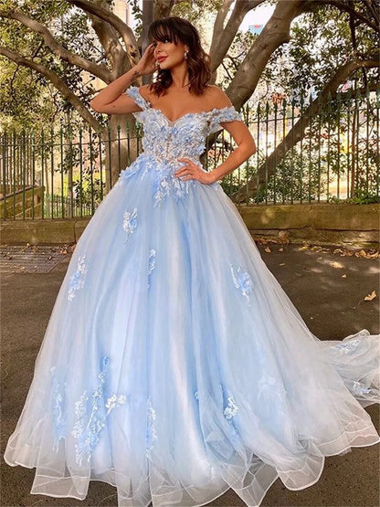 Off The Shoulder Quinceanera Dresses Lace Appliques Long Prom Ball Gown for Girls